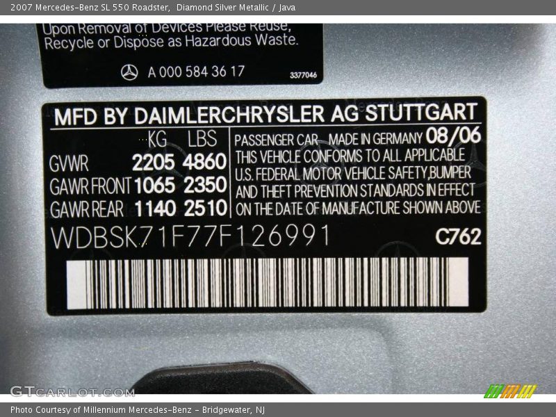 Diamond Silver Metallic / Java 2007 Mercedes-Benz SL 550 Roadster
