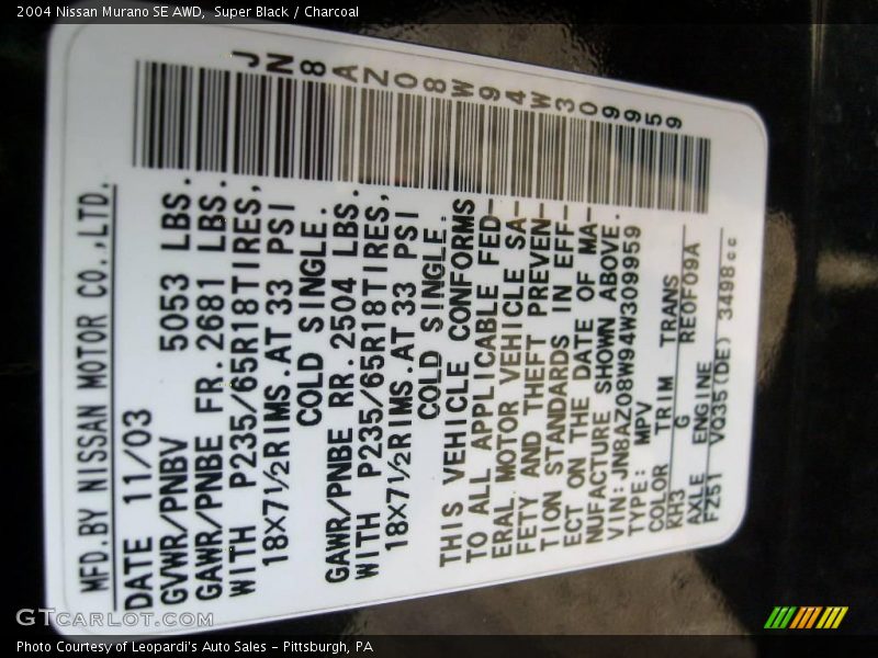 Super Black / Charcoal 2004 Nissan Murano SE AWD