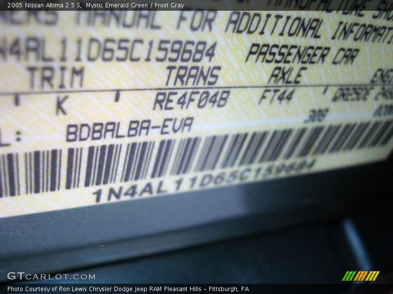 Mystic Emerald Green / Frost Gray 2005 Nissan Altima 2.5 S