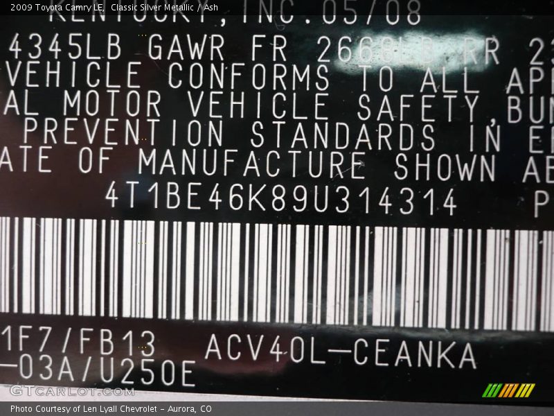 Classic Silver Metallic / Ash 2009 Toyota Camry LE