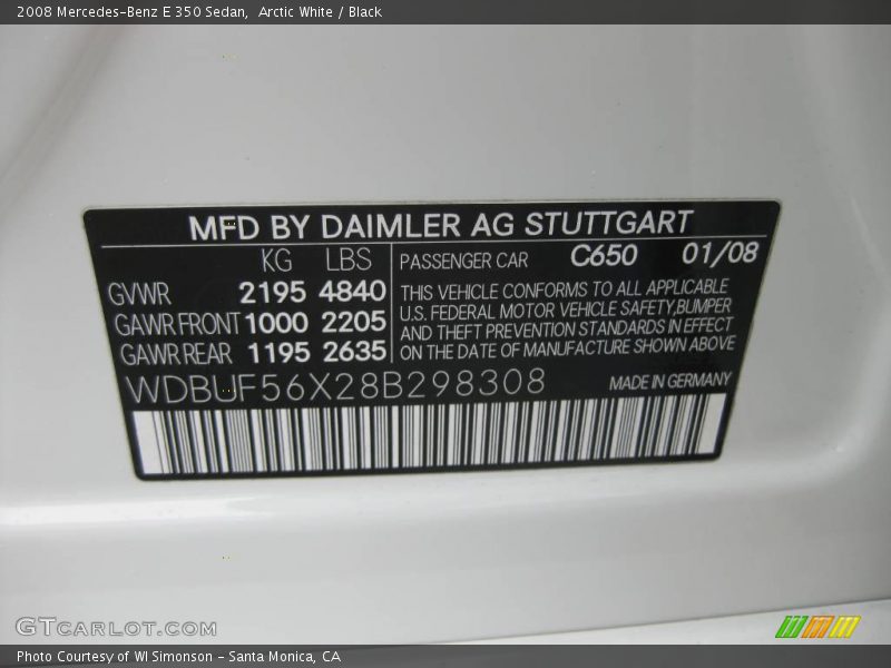 Arctic White / Black 2008 Mercedes-Benz E 350 Sedan