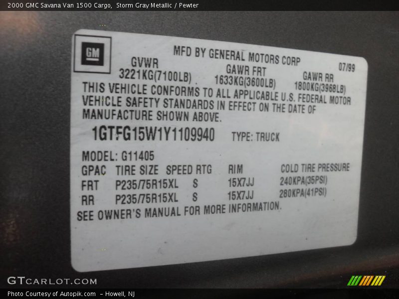 Storm Gray Metallic / Pewter 2000 GMC Savana Van 1500 Cargo