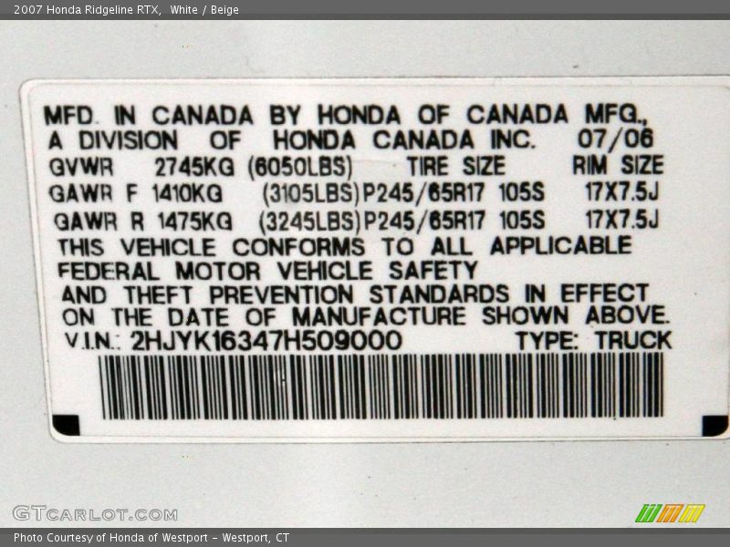 White / Beige 2007 Honda Ridgeline RTX