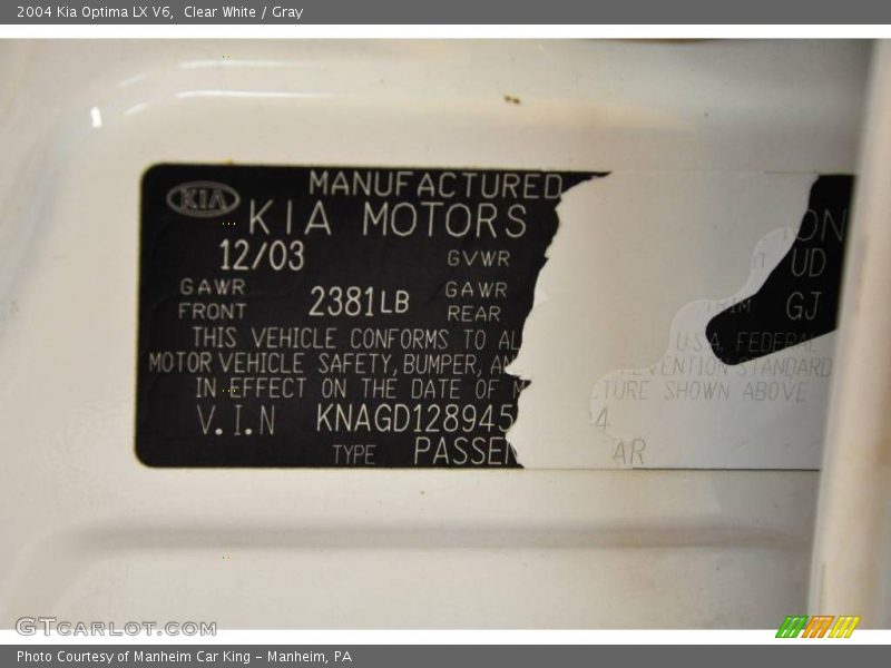 Clear White / Gray 2004 Kia Optima LX V6