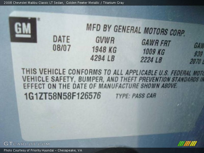 Golden Pewter Metallic / Titanium Gray 2008 Chevrolet Malibu Classic LT Sedan