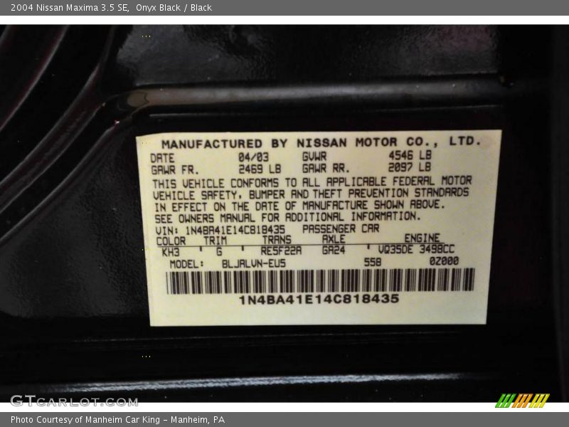 Onyx Black / Black 2004 Nissan Maxima 3.5 SE