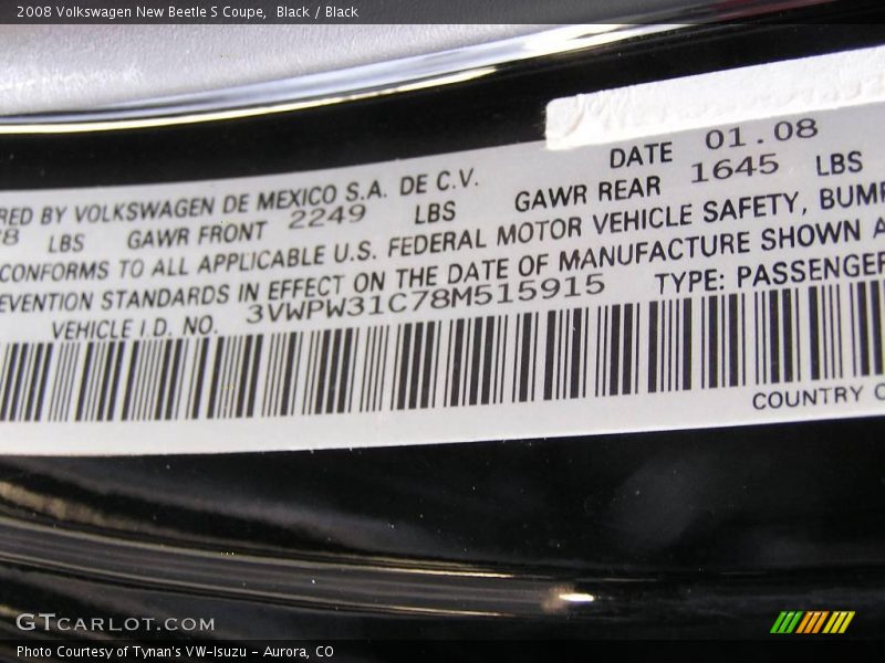 Black / Black 2008 Volkswagen New Beetle S Coupe