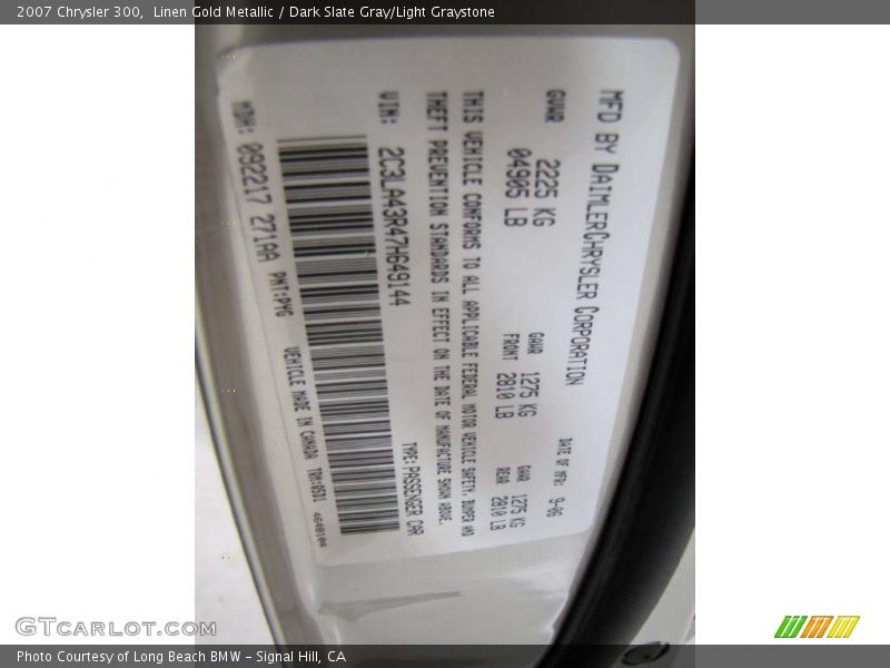 Linen Gold Metallic / Dark Slate Gray/Light Graystone 2007 Chrysler 300