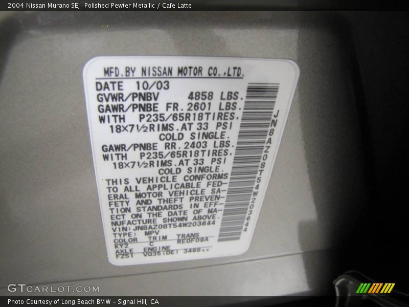 Polished Pewter Metallic / Cafe Latte 2004 Nissan Murano SE