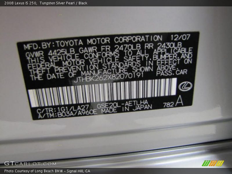 Tungsten Silver Pearl / Black 2008 Lexus IS 250