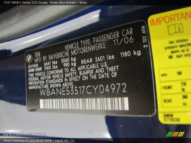 Mystic Blue Metallic / Beige 2007 BMW 5 Series 525i Sedan