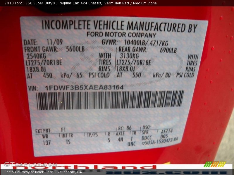 Vermillion Red / Medium Stone 2010 Ford F350 Super Duty XL Regular Cab 4x4 Chassis