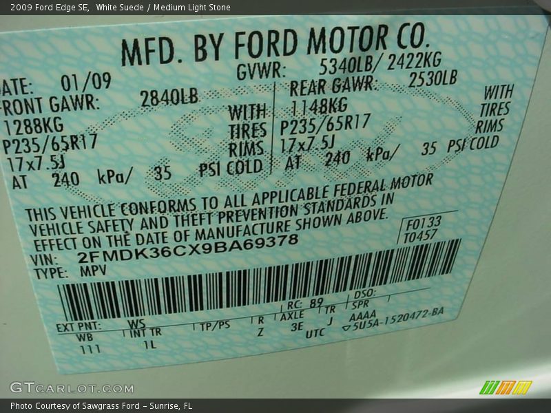 White Suede / Medium Light Stone 2009 Ford Edge SE