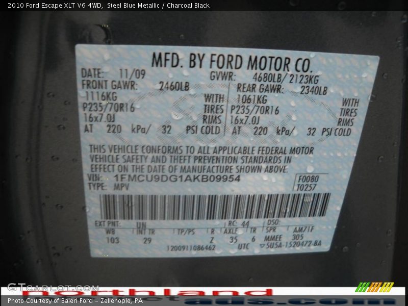 Steel Blue Metallic / Charcoal Black 2010 Ford Escape XLT V6 4WD