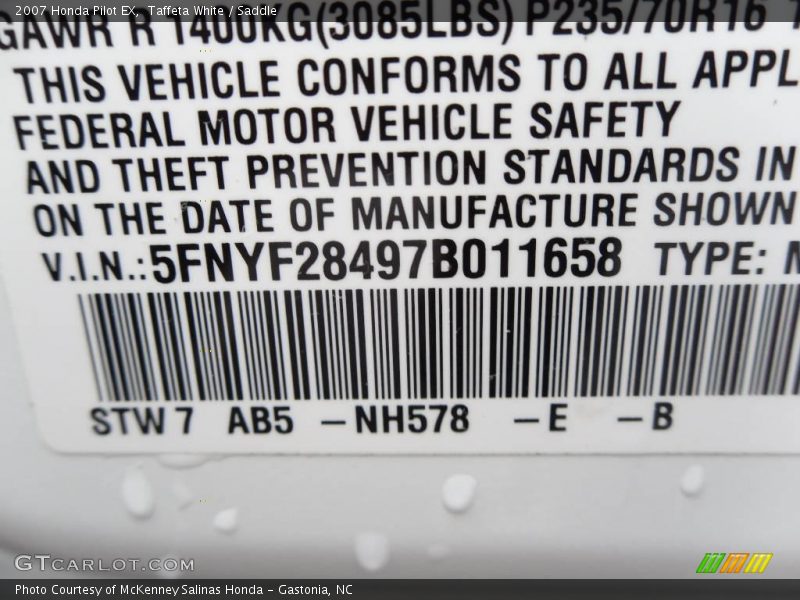 Taffeta White / Saddle 2007 Honda Pilot EX
