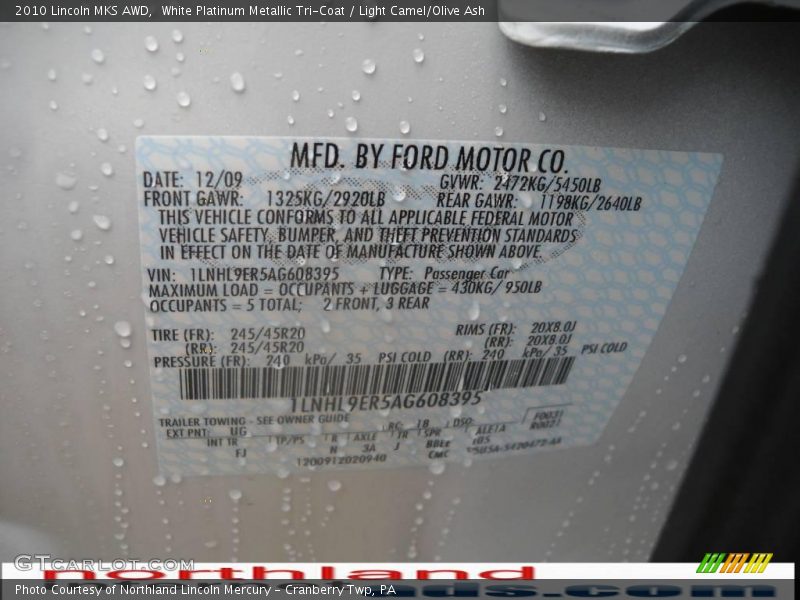White Platinum Metallic Tri-Coat / Light Camel/Olive Ash 2010 Lincoln MKS AWD