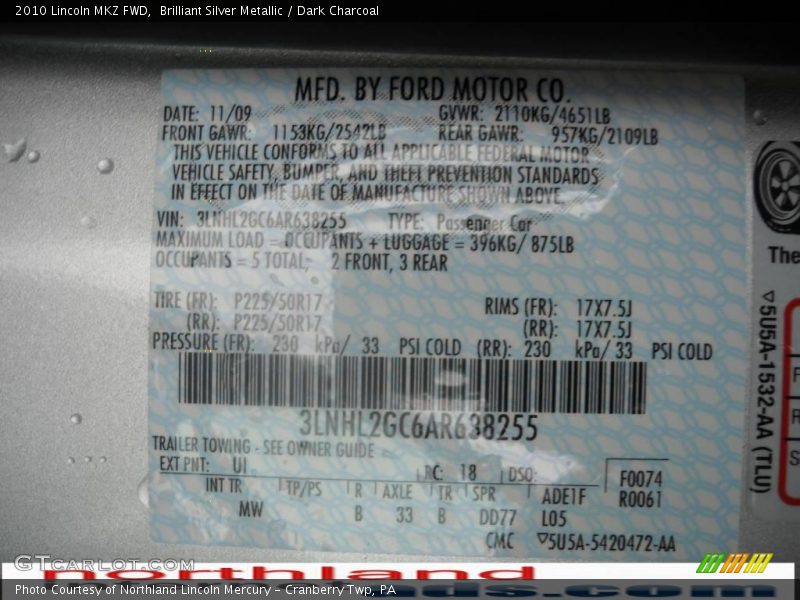 Brilliant Silver Metallic / Dark Charcoal 2010 Lincoln MKZ FWD