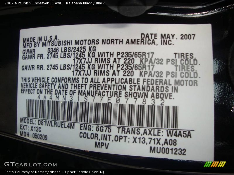 Kalapana Black / Black 2007 Mitsubishi Endeavor SE AWD
