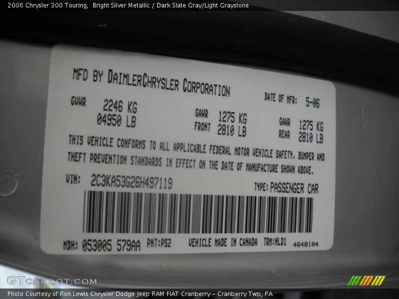 Bright Silver Metallic / Dark Slate Gray/Light Graystone 2006 Chrysler 300 Touring