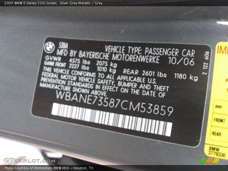 Silver Grey Metallic / Grey 2007 BMW 5 Series 530i Sedan