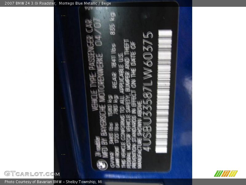 Montego Blue Metallic / Beige 2007 BMW Z4 3.0i Roadster