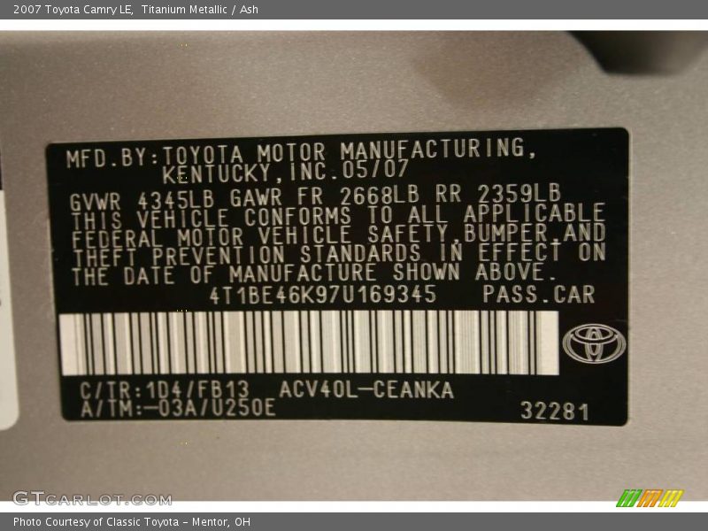 Titanium Metallic / Ash 2007 Toyota Camry LE