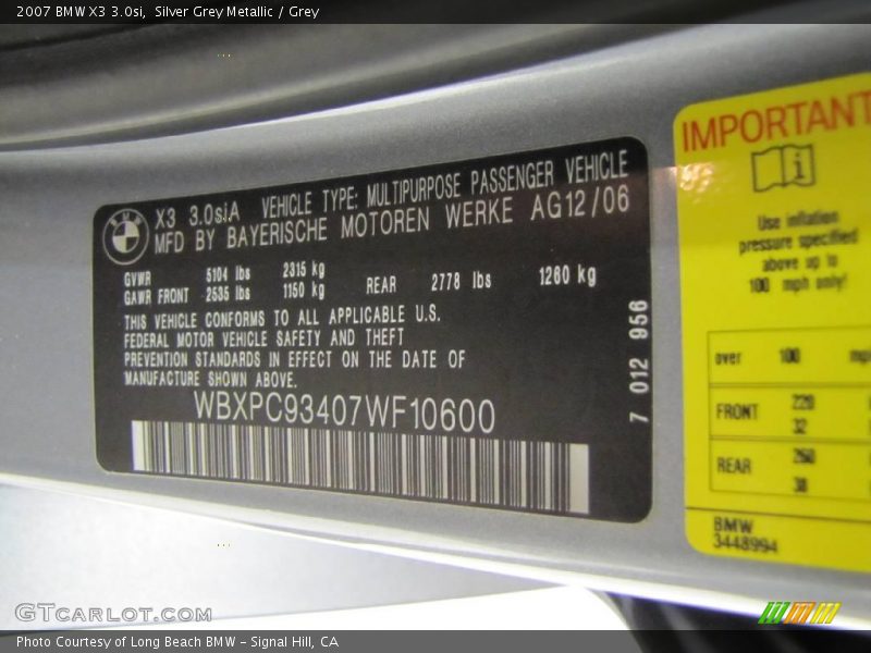 Silver Grey Metallic / Grey 2007 BMW X3 3.0si