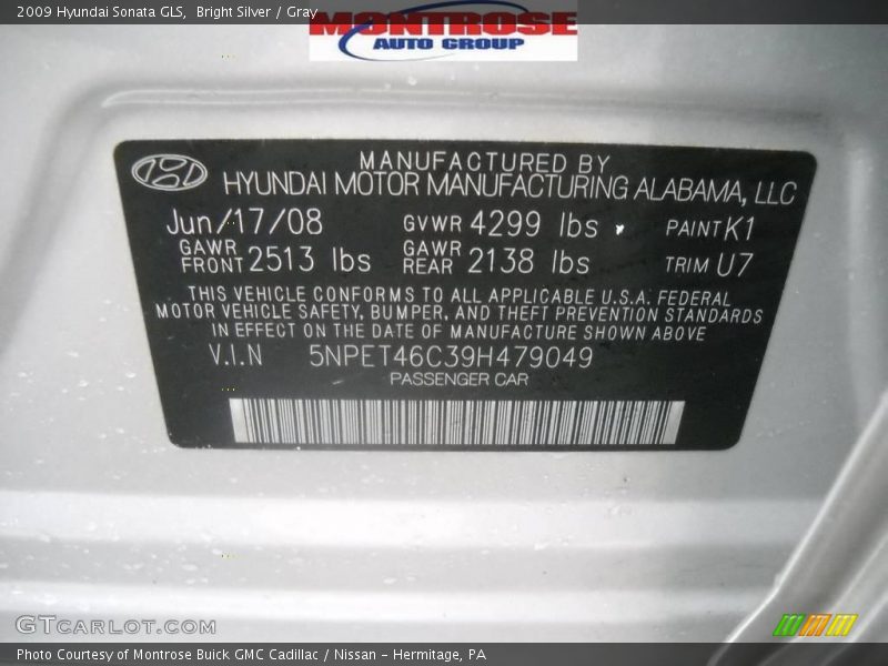 Bright Silver / Gray 2009 Hyundai Sonata GLS