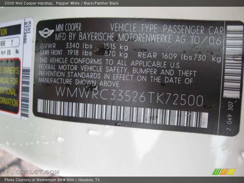 Pepper White / Black/Panther Black 2006 Mini Cooper Hardtop