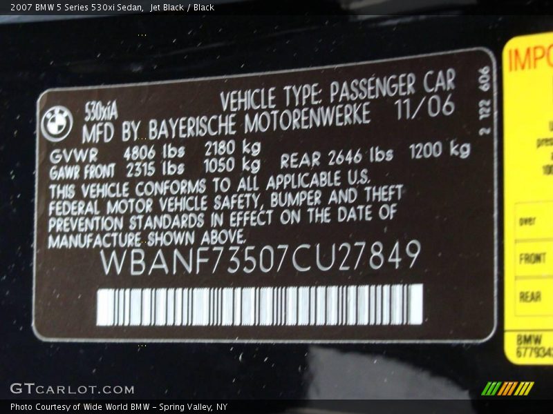 Jet Black / Black 2007 BMW 5 Series 530xi Sedan