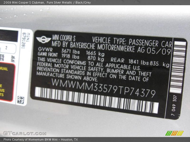 Pure Silver Metallic / Black/Grey 2009 Mini Cooper S Clubman
