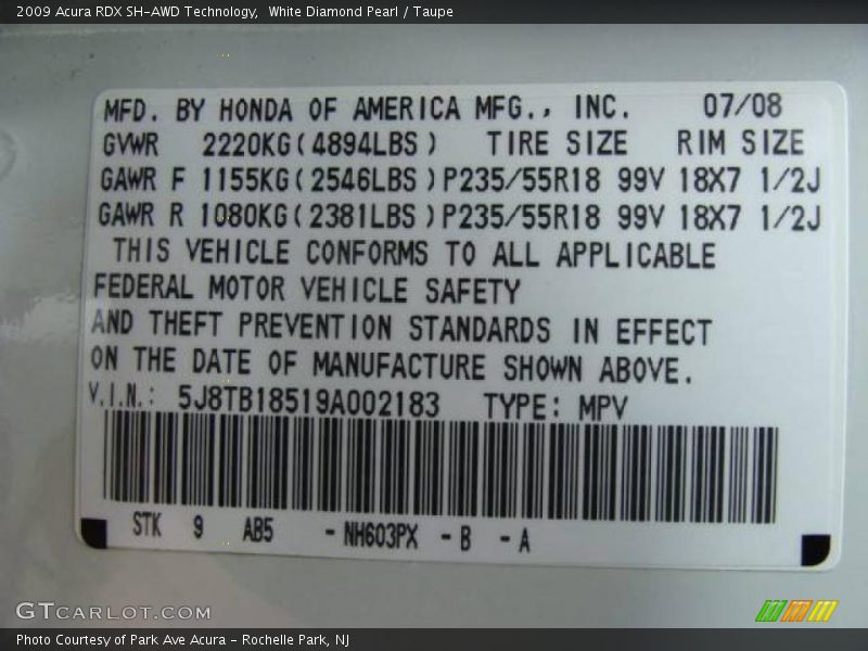 White Diamond Pearl / Taupe 2009 Acura RDX SH-AWD Technology