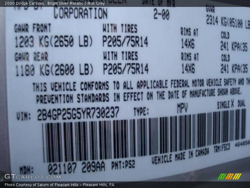 Bright Silver Metallic / Mist Grey 2000 Dodge Caravan