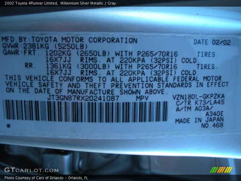 Millennium Silver Metallic / Gray 2002 Toyota 4Runner Limited