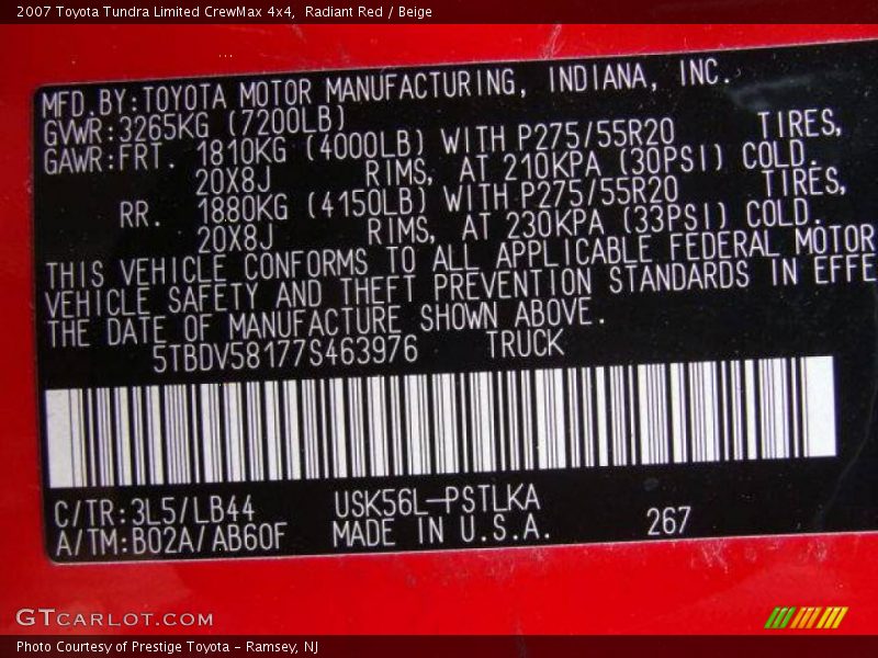 Radiant Red / Beige 2007 Toyota Tundra Limited CrewMax 4x4