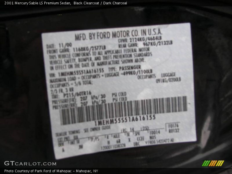 Black Clearcoat / Dark Charcoal 2001 Mercury Sable LS Premium Sedan