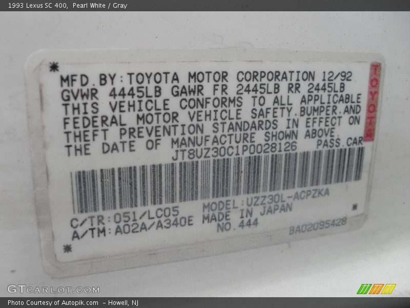 Pearl White / Gray 1993 Lexus SC 400