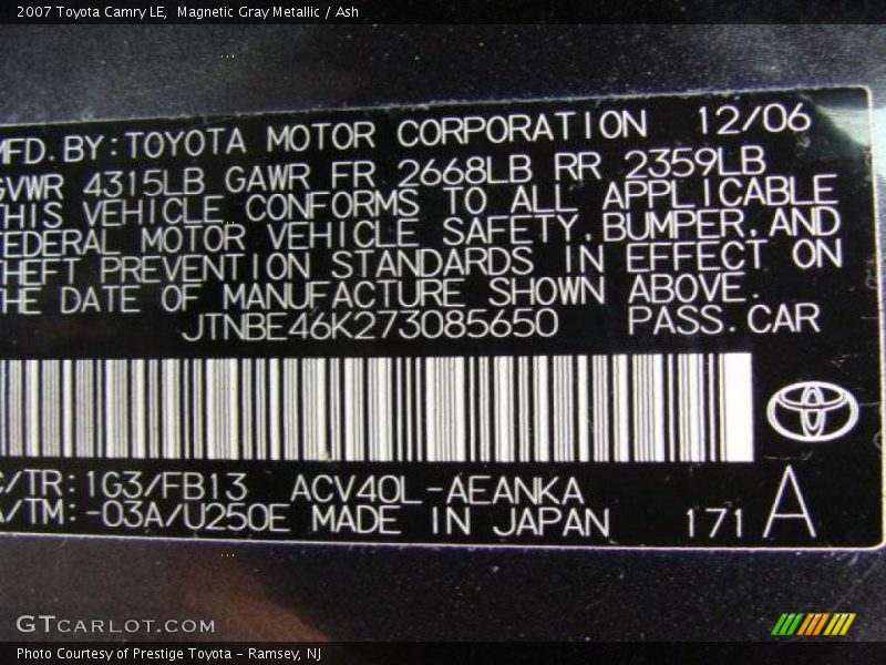 Magnetic Gray Metallic / Ash 2007 Toyota Camry LE
