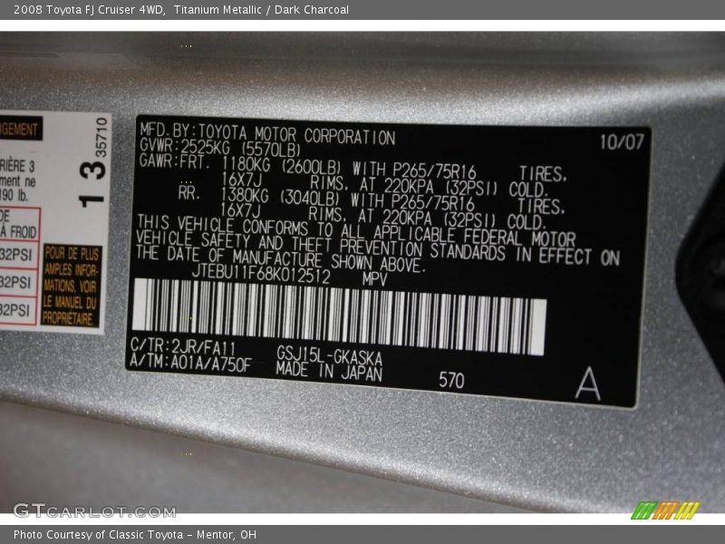 2008 FJ Cruiser 4WD Titanium Metallic Color Code 2JR