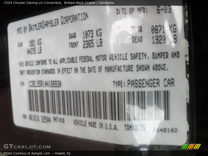 Brilliant Black Crystal / Sandstone 2004 Chrysler Sebring LXi Convertible