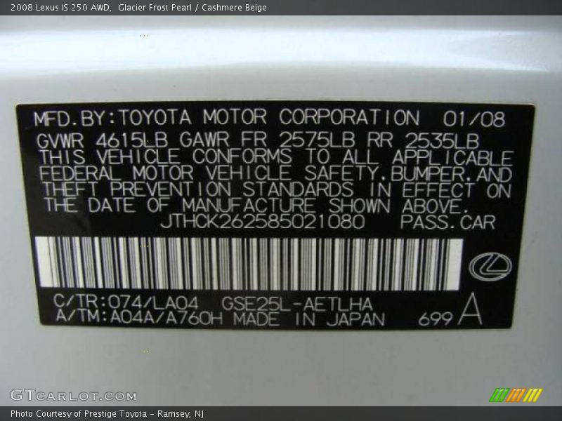 Glacier Frost Pearl / Cashmere Beige 2008 Lexus IS 250 AWD