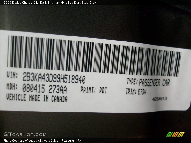 Dark Titanium Metallic / Dark Slate Gray 2009 Dodge Charger SE
