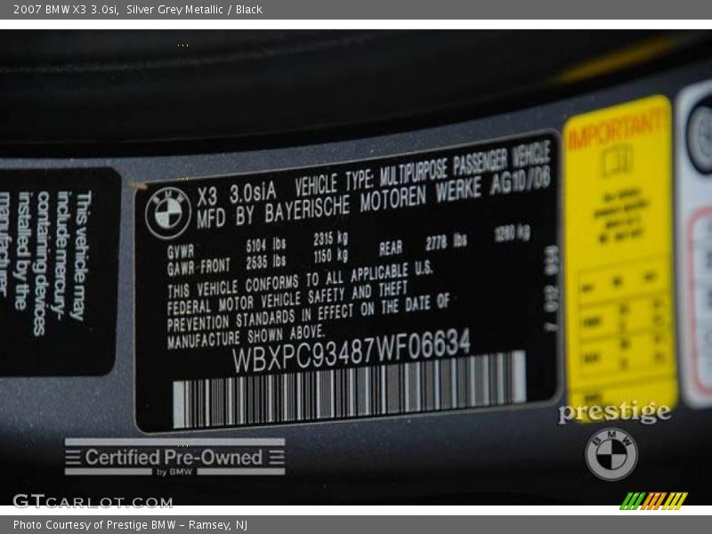 Silver Grey Metallic / Black 2007 BMW X3 3.0si