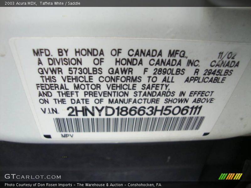 Taffeta White / Saddle 2003 Acura MDX
