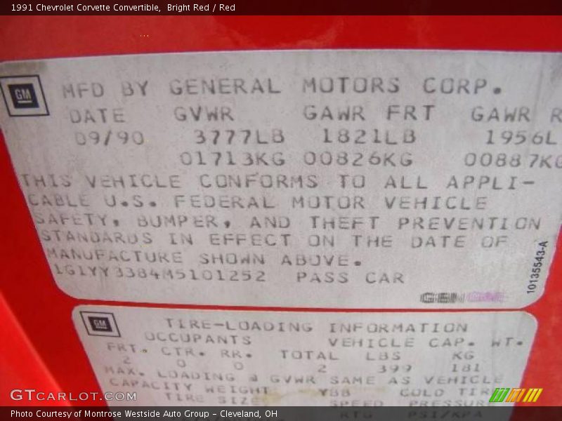 Bright Red / Red 1991 Chevrolet Corvette Convertible