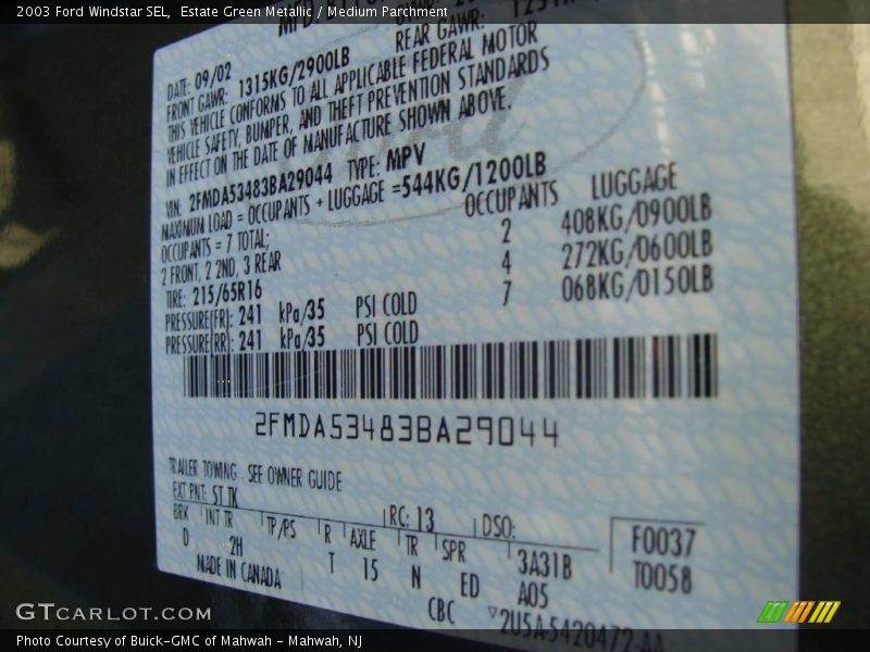 Estate Green Metallic / Medium Parchment 2003 Ford Windstar SEL