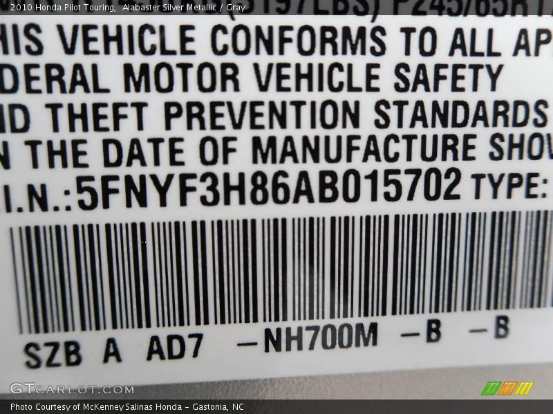 Alabaster Silver Metallic / Gray 2010 Honda Pilot Touring