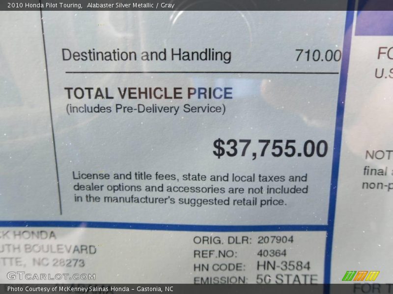 Alabaster Silver Metallic / Gray 2010 Honda Pilot Touring