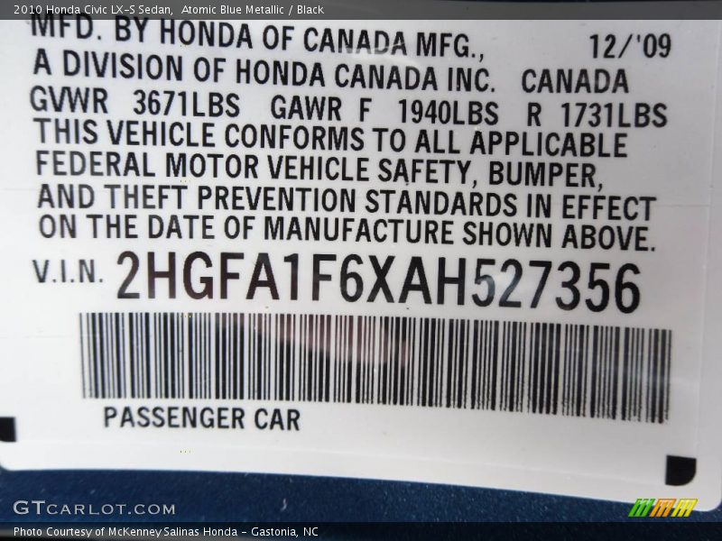 Atomic Blue Metallic / Black 2010 Honda Civic LX-S Sedan