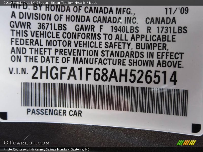 Urban Titanium Metallic / Black 2010 Honda Civic LX-S Sedan